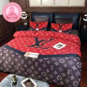 Luxury Louis Vuitton Luxury Red And Brown Monogram Background Bedding Set
