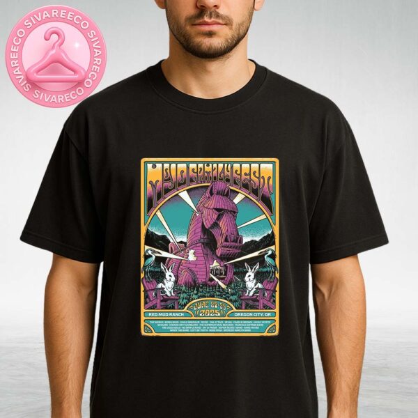 Mojo Family Fest At Red Mud Ranch In Oregon City OR On June 27 To 29 2025 Featuring Psychedelic Bunny Trojan Horse Illustration Unisex T-Shirt