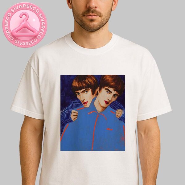 Oasis Liam And Noel Gallagher Twin Portrait Art Print With Bold Blue Red Brushstroke Style Unisex T-Shirt