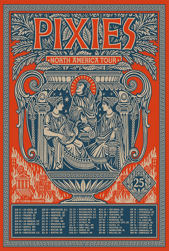 Pixies North America Tour 2025 Music Poster With Classical Vase Greek Art Style And Full Tour Dates