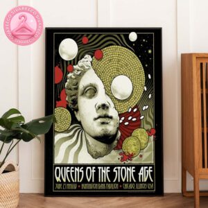 Queens Of The Stone Age Poster At Huntington Bank Pavilion In Chicago Illinois On June 21 2025 With Mosaic Sculpture Head Design Home Decor Poster Canvas