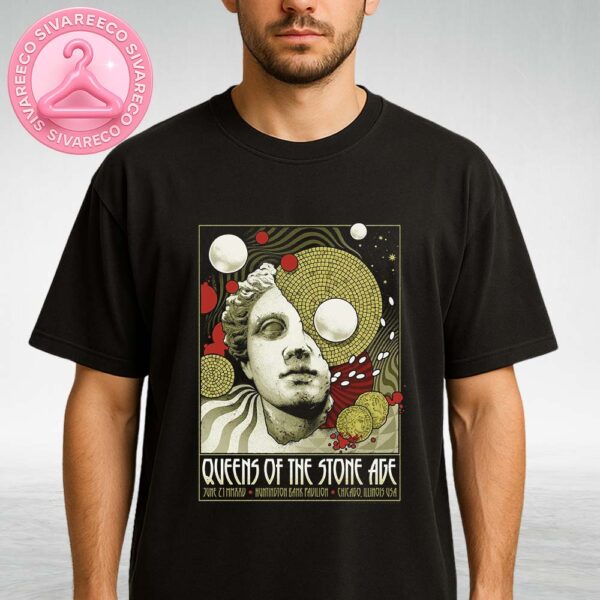 Queens Of The Stone Age Poster At Huntington Bank Pavilion In Chicago Illinois On June 21 2025 With Mosaic Sculpture Head Design Unisex T-Shirt