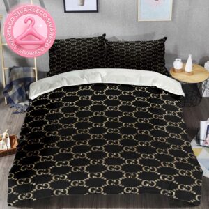 Signature Monogram Gucci Logo Gold Black In Vintage Background Bedding Set King