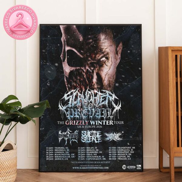 Slaughter To Prevail The Grizzly Winter Tour 2026 Poster UK Europe With Dying Fetus Suicide Silence And Brutal Skull Horror Artwork Home Decor Poster Canvas