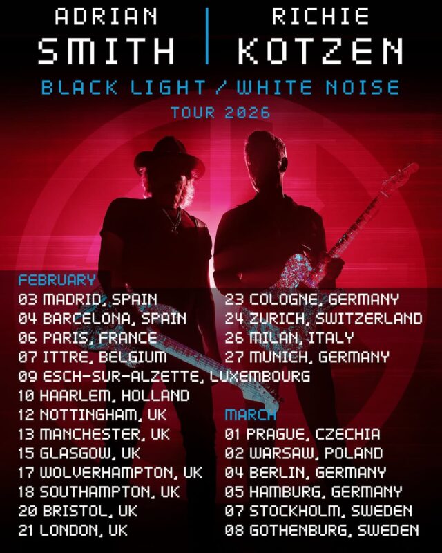 Smith Kotzen Tour 2026 Poster For Black Light White Noise Featuring Full Europe Dates And Red Neon Rock Duo Artwork