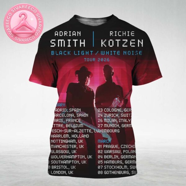 Smith Kotzen Tour 2026 Poster For Black Light White Noise Featuring Full Europe Dates And Red Neon Rock Duo Artwork All Over Print Shirt