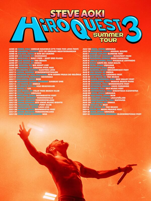 Steve Aoki Hiroquest 3 Summer Tour Poster With Red Stage Lights In Las Vegas Rome Ibiza And More Cities Worldwide 2025