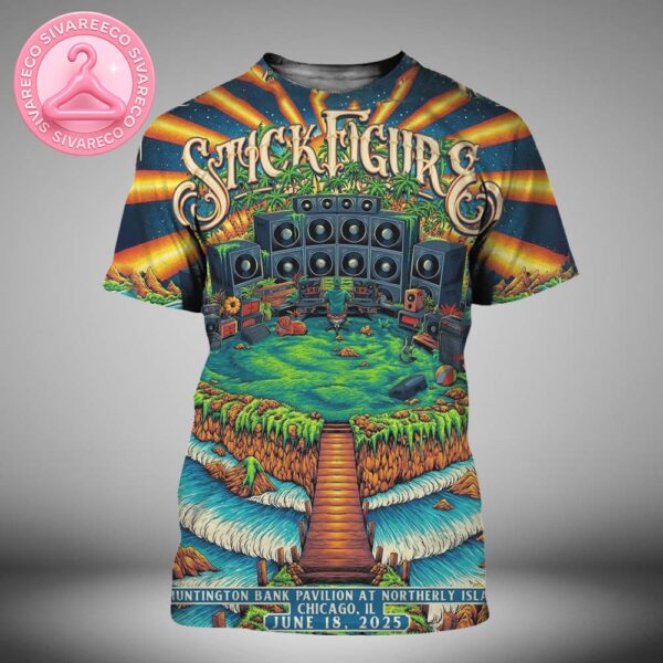 Stick Figure Live Show Poster At Huntington Bank Pavilion In Chicago IL On June 18 2025 With Tropical Island Sound System Art All Over Print Shirt