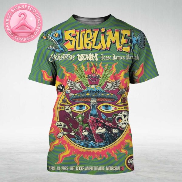 Sublime Live Show Poster At Red Rocks Amphitheatre In Morrison CO On April 18 2025 Featuring Psychedelic Comic Mushroom Sun And Alien Artwork All Over Print Shirt