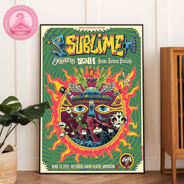Sublime Live Show Poster At Red Rocks Amphitheatre In Morrison CO On April 18 2025 Featuring Psychedelic Comic Mushroom Sun And Alien Artwork Home Decor Poster Canvas