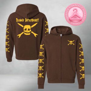 Teenage Bottlerocket Brown Zip Up Hoodie With Yellow Skull And Crossed Arrows All Over Print Punk Rock Band Merch