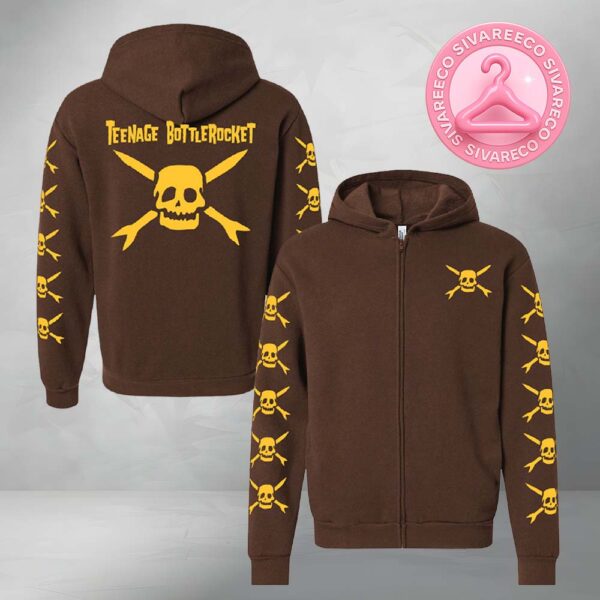 Teenage Bottlerocket Brown Zip Up Hoodie With Yellow Skull And Crossed Arrows All Over Print Punk Rock Band Merch