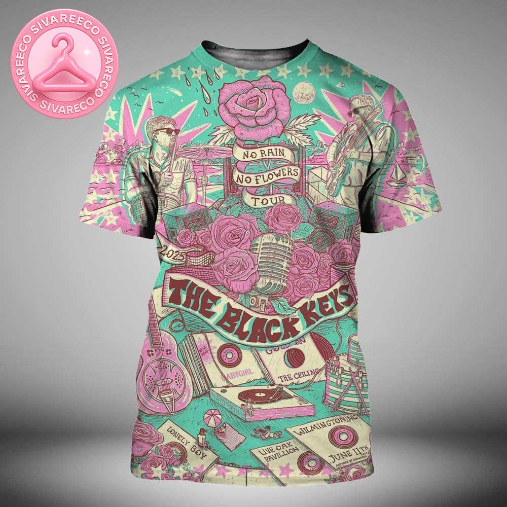 The Black Keys Poster At Live Oak Pavilion In Wilmington North Carolina On June 11 2025 Featuring No Rain No Flowers Tour Artwork With Roses Records And Vintage Instruments All Over Print Shirt
