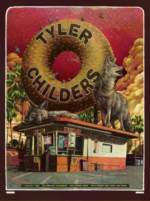 Tyler Childers Music Show Poster For Los Angeles California At Hollywood Bowl On June 10 2025 Giant Donut And Wolves Art Work