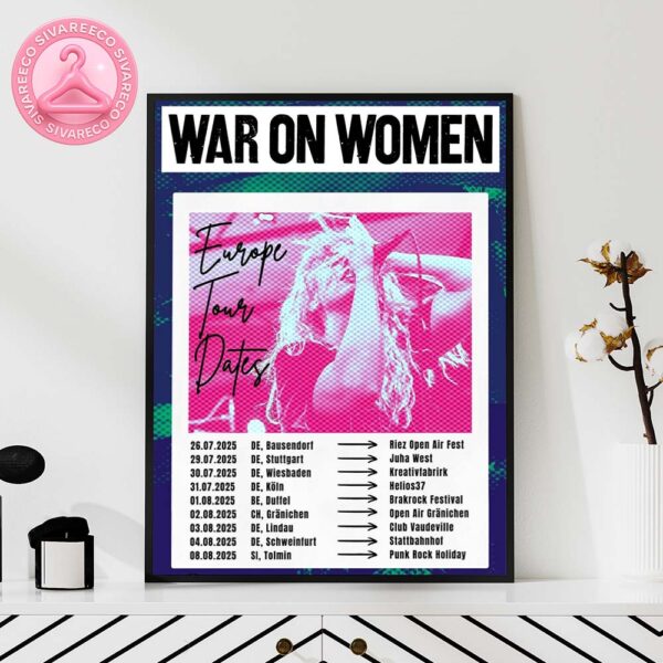 War On Women Europe Tour Dates 2025 Music Show Poster In Europe Pink And Blue Punk Rock Tour Dates Poster With Halftone Photo Of Female Singer And Grunge Style Typography Home Decor Poster Canvas