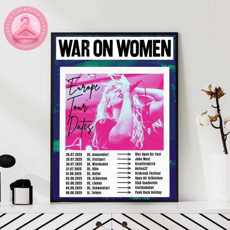 War On Women Europe Tour Dates 2025 Music Show Poster In Europe Pink And Blue Punk Rock Tour Dates Poster With Halftone Photo Of Female Singer And Grunge Style Typography Home Decor Poster Canvas