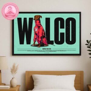 Wilco European Tour 2025 Poster With Dog In Red Tracksuit Standing In Front Of Bold Black Letters On Green Background Home Decor Poster Canvas
