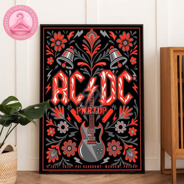 ACDC PWR UP Tour Poster At PGE Narodowy In Warsaw Poland On July 4 2025 Featuring Polish Folk-Inspired Floral Rock Design Home Decor Poster Canvas