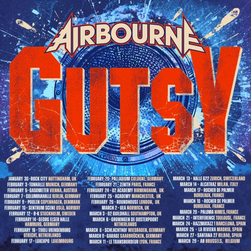 Airbourne Tour Poster Full Color Speaker Blast Design at Rock City in Nottingham UK Gutsy Europe Tour 2026