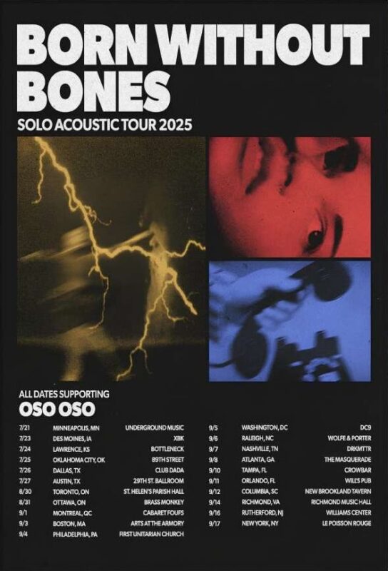 Born Without Bones Solo Acoustic Tour Poster At Multiple Cities In USA On July To September 2025 Lightning And Portrait Artwork