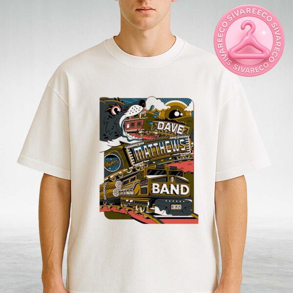 Dave Matthews Band Concert Poster At Pine Knob Music Theatre In Clarkston Michigan On July 9 2025 With Wild Train Artwork Unisex T-Shirt