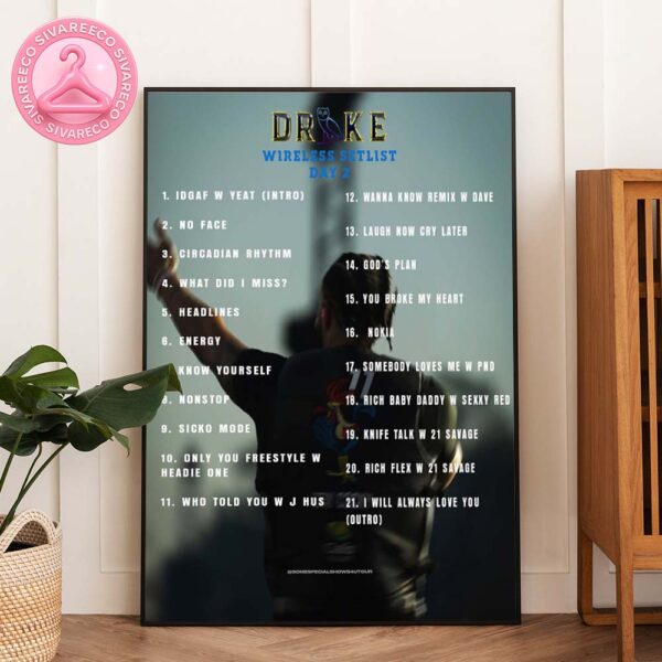 Drake Wireless Setlist Poster Day 2 – IDGAF, God’s Plan Rich Flex Live Performance Songs 2025 Home Decor Poster Canvas