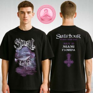 Ghost Skeleton Tour Black Shirt At Skeletour Show In Miami Florida On July 13 2025 With Purple Skull Artwork Two Sides Unisex T-Shirt
