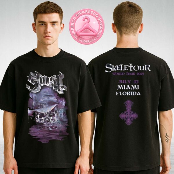 Ghost Skeleton Tour Black Shirt At Skeletour Show In Miami Florida On July 13 2025 With Purple Skull Artwork Two Sides Unisex T-Shirt
