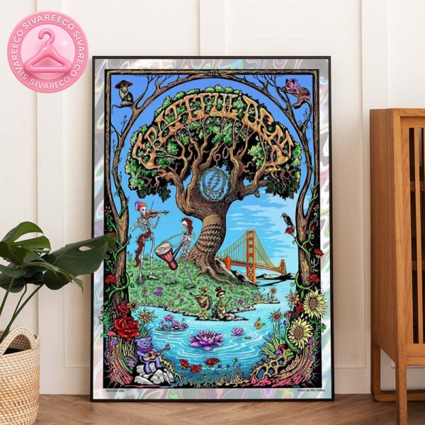 Grateful Dead 60th Anniversary Art Poster Featuring Dancing Skeletons And Golden Gate Bridge Scene By Mike DuBois Home Decor Poster Canvas