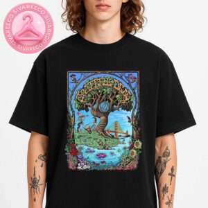 Grateful Dead 60th Anniversary Art Poster Featuring Dancing Skeletons And Golden Gate Bridge Scene By Mike DuBois Unisex T-Shirt