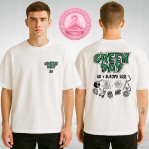 Green Day 2025 Europe Tour Shirt Featuring Skull Guitar Chair Illustration White Punk Rock Two Sides Unisex T-Shirt