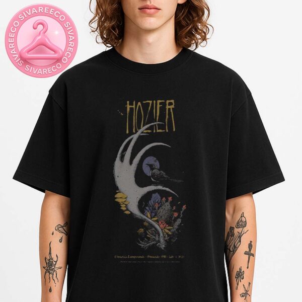 Hozier Concert Poster At Missoula Fairgrounds In Missoula MT On July 4 2025 Featuring Raven Antler And Moonlit Nature Artwork Music Wall Art Unisex T-Shirt