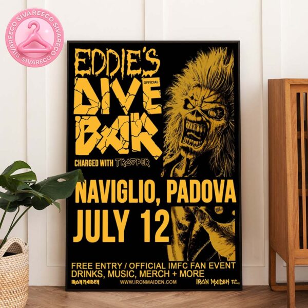 Iron Maiden Eddie’s Dive Bar Poster Yellow Horror Illustration at Naviglio in Padova Italy  On July 12 2025 Home Decor Poster Canvas