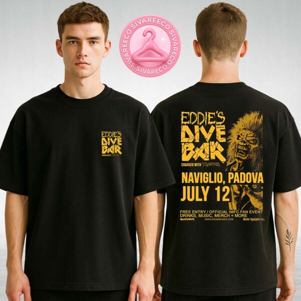 Iron Maiden Eddie’s Dive Bar Poster Yellow Horror Illustration at Naviglio in Padova Italy On July 12 2025 Two Sides Unisex T-Shirt