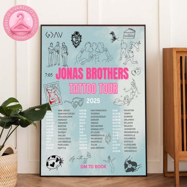 Jonas Brothers Tour Poster Pastel Blue Tattoo Flash Design at Prudential Center in Newark New Jersey Tattoo Tour 2025 Home Decor Poster Canvas