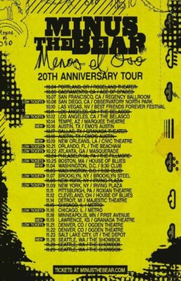 Minus The Bear 20th Anniversary Tour Poster For Menos El Oso Album At Venues Across US In Fall 2025 Featuring Grunge Yellow Distorted Graphic Artwork