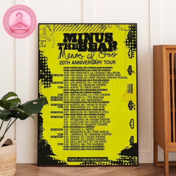 Minus The Bear 20th Anniversary Tour Poster For Menos El Oso Album At Venues Across US In Fall 2025 Featuring Grunge Yellow Distorted Graphic Artwork Home Decor Poster Canvas