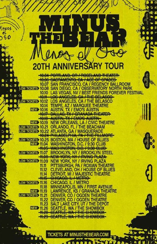 Minus The Bear 20th Anniversary Tour Poster For Menos El Oso Album At Venues Across US In Fall 2025 Featuring Grunge Yellow Distorted Graphic Artwork
