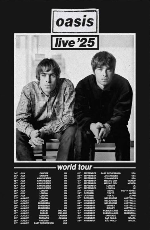 Oasis Concert Poster World Tour 2025 Featuring Classic Black and White Band Portrait