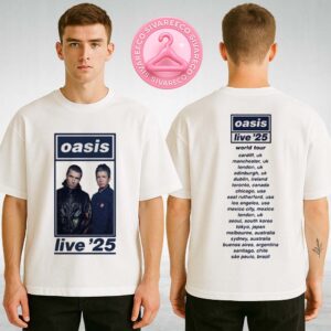 Oasis Merch Live World Tour 2025 With Blue Portrait Design Featuring Global Cities Back Print Official Concert Merch Two Sides Unisex T-Shirt