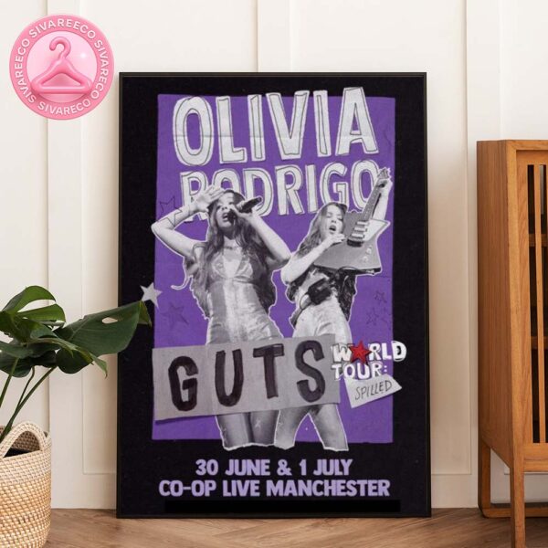 Olivia Rodrigo Official Tour Poster At Co-op Live In Manchester UK On July 1 2025 Featuring Purple GUTS World Tour Collage Artwork Home Decor Poster Canvas