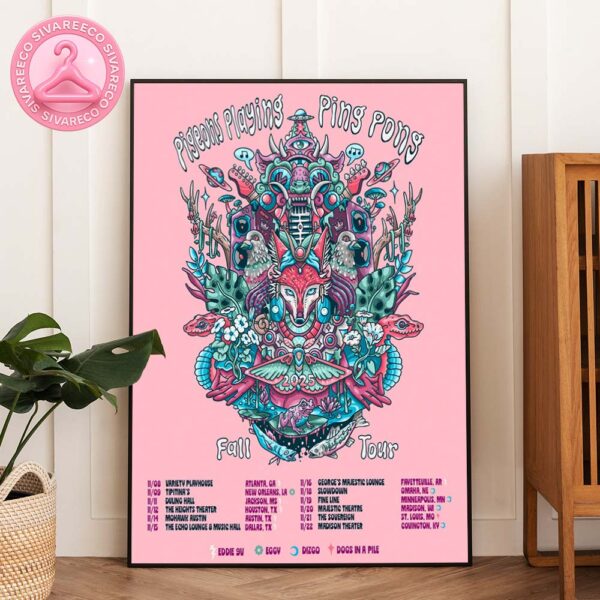 Pigeons Playing Ping Pong Fall Tour 2025 Poster – Psychedelic Artwork with Full City Tour Dates Home Decor Poster Canvas