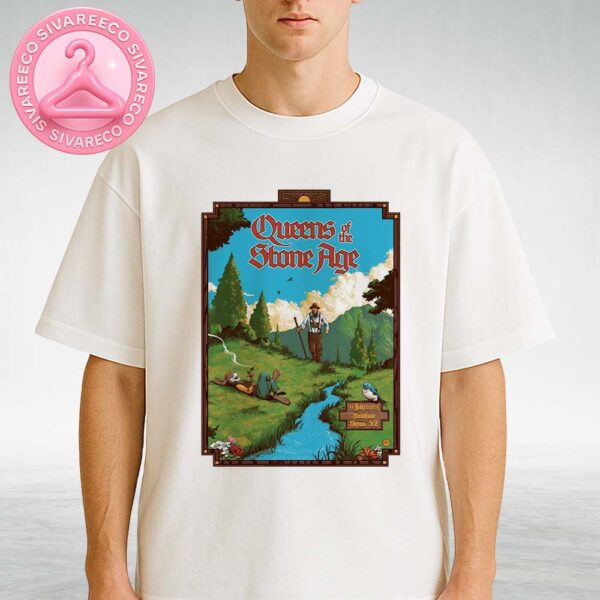Queens of the Stone Age Tour Poster Peaceful Mountain Meadow Artwork at Mulberry Mountain in Ozark Arkansas Folk Fantasy Design 2025 Unisex T-Shirt