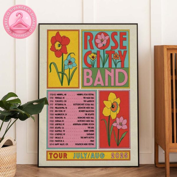 Rose City Band Tour Poster July August 2025 Featuring Psychedelic Floral Art And Full Venue List Home Decor Poster Canvas