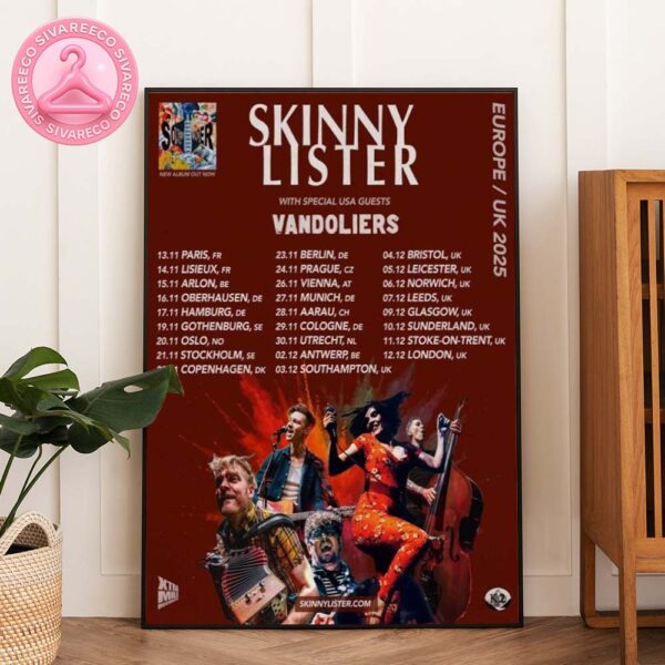 Skinny Lister UK Europe 2025 Tour Poster Featuring Vandoliers – Folk Punk Gig Dates Design Home Decor Poster Canvas