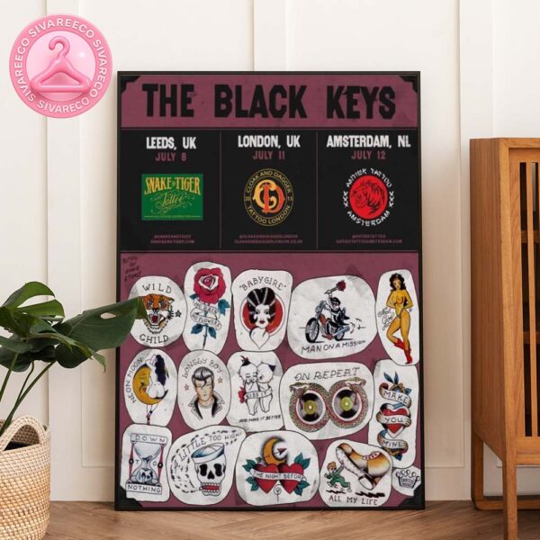 The Black Keys Tattoo Flash Tour Shirt In Leeds London Amsterdam On July 8 To 12 2025 Vintage Tattoo Art Style Home Decor Poster Canvas