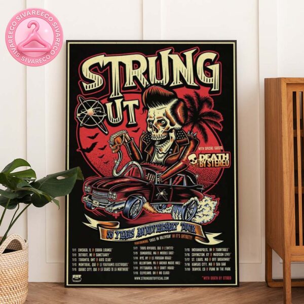 Strung Out Tour Poster For 35th Anniversary Featuring Death By Stereo With Rockabilly Skeleton Car Artwork Across North America In July 2025 Home Decor Poster Canvas
