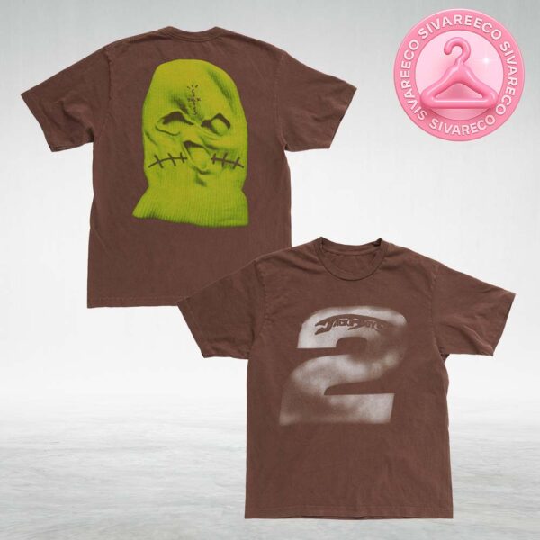 Travis Scott JackBoys 2 Brown T-Shirt With White Spray Number And Green Mask Graphic Back Design All Over Print Shirt